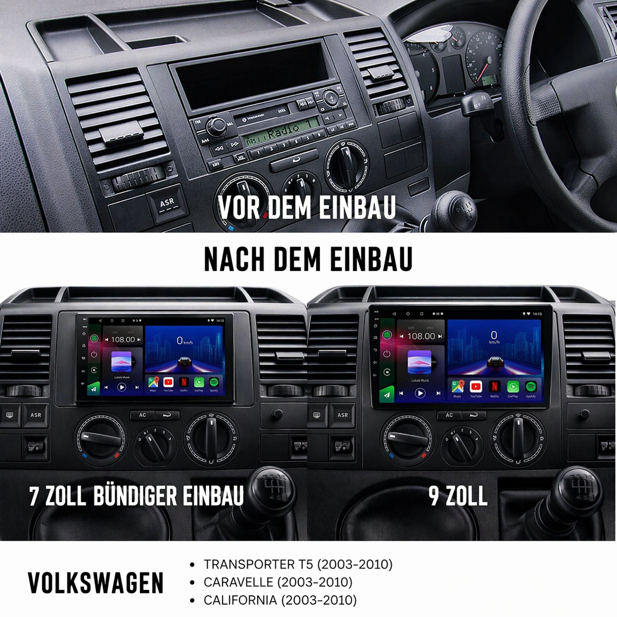 Volkswagen Transporter T5 (2003–2010) Android 15 Autoradio mit Apple CarPlay & Android Auto - AutoTunes
